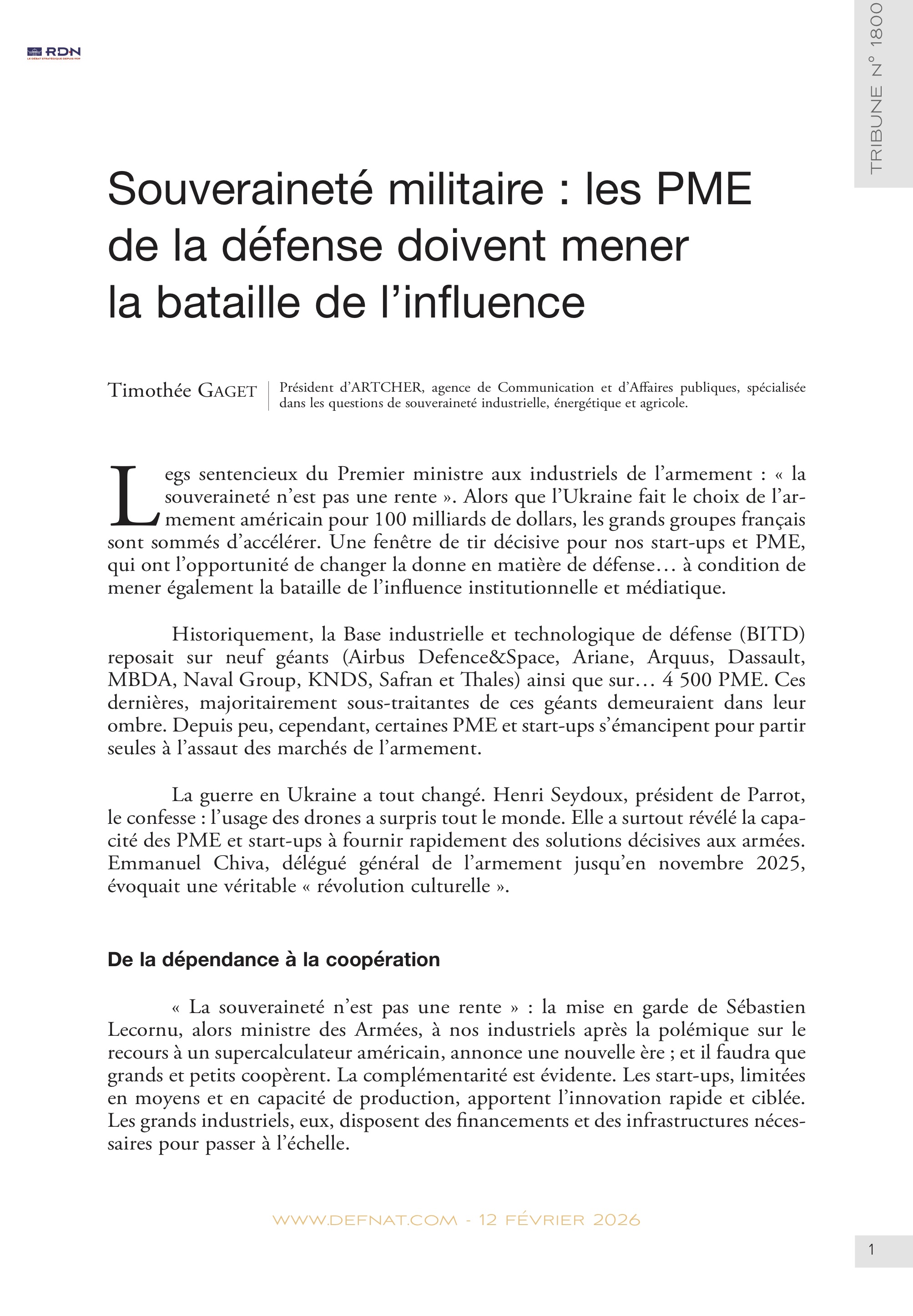 Souverainet&eacute; militaire&nbsp;: les&nbsp;PME de&nbsp;la&nbsp;d&eacute;fense doivent mener la&nbsp;bataille de&nbsp;l&rsquo;influence (T&nbsp;1800)
